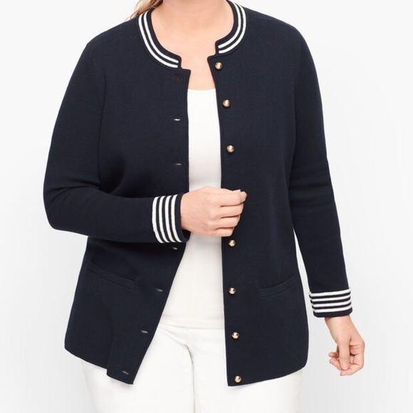 Talbots New no Tag Petite M Navy Stripe Trim Cardigan “Lady Jacket” Cotton Silk - Picture 8 of 8